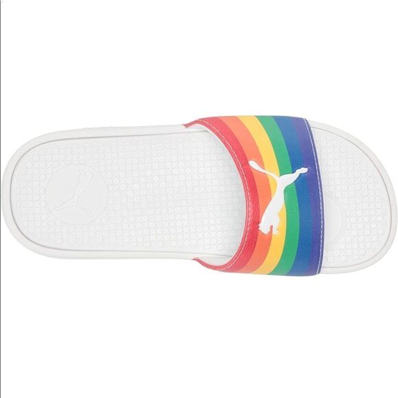 NWT New PUMA Cool Cat Sport Slides Sandals White Rainbow Pride Stripe Logo 7 - Picture 4 of 10